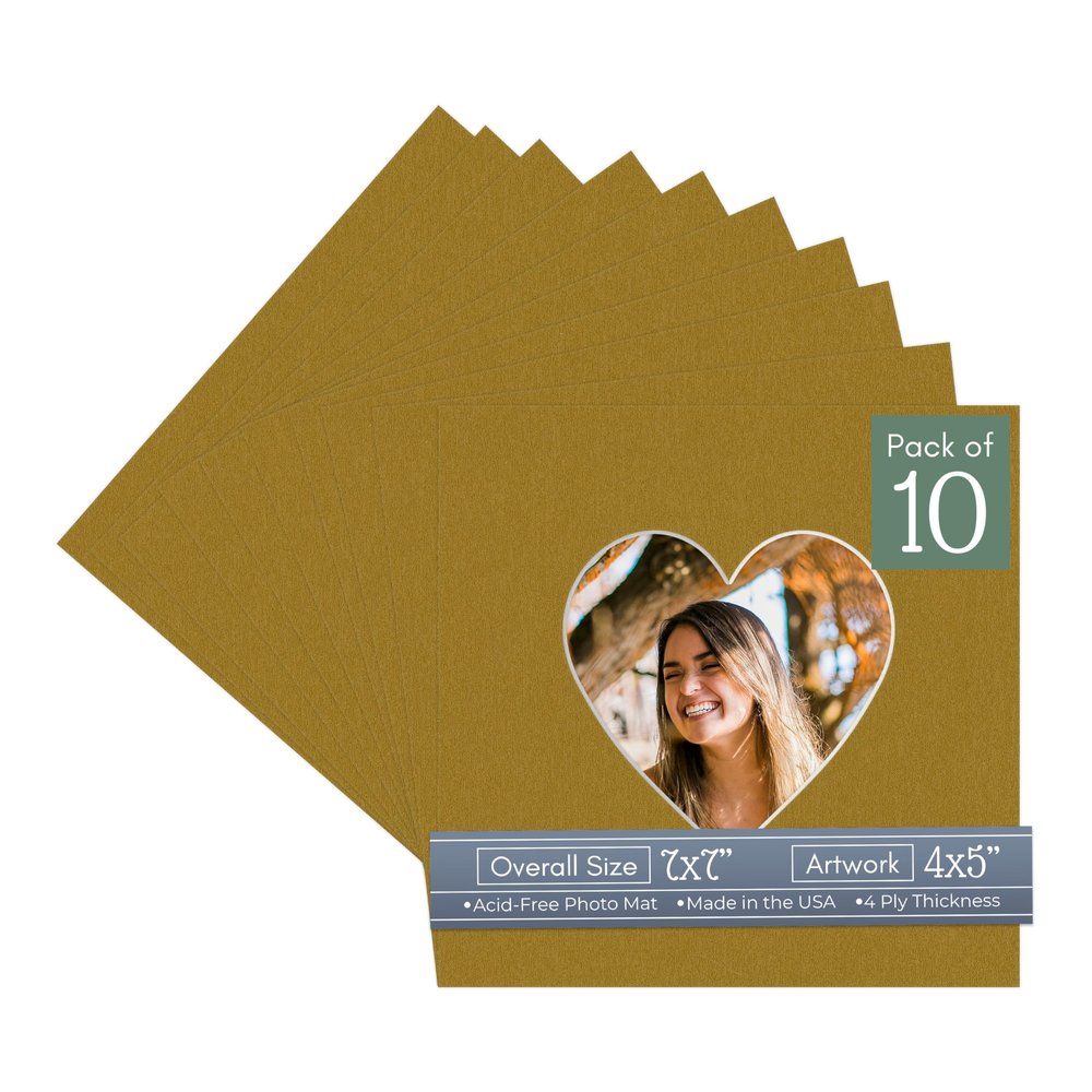 CountryArtHouse Metallic Gold Acid Free 7x7 Heart Picture Frame Mat with White Core Bevel Cut for 4x5 Pictures - Fits 7x7 Frame