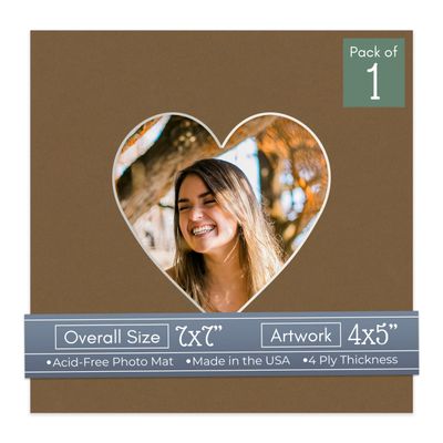 CountryArtHouse Aged Oak Acid Free 7x7 Heart Picture Frame Mat with White Core Bevel Cut for 4x5 Pictures - Fits 7x7 Frame