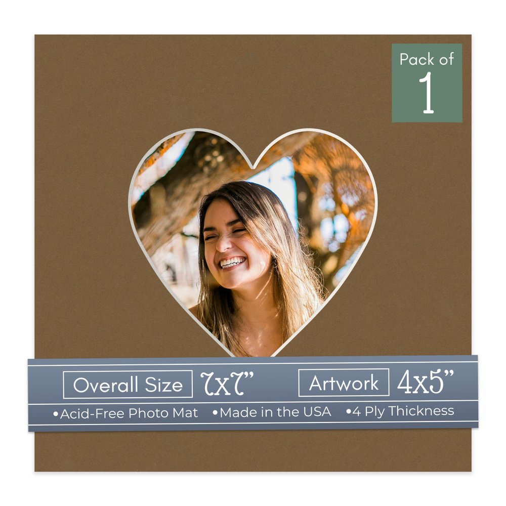 CountryArtHouse Aged Oak Acid Free 7x7 Heart Picture Frame Mat with White Core Bevel Cut for 4x5 Pictures - Fits 7x7 Frame