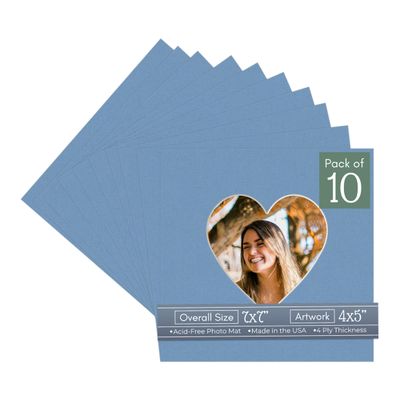 CountryArtHouse Brittany Blue Acid Free 7x7 Heart Picture Frame Mat with White Core Bevel Cut for 4x5 Pictures - Fits 7x7 Frame