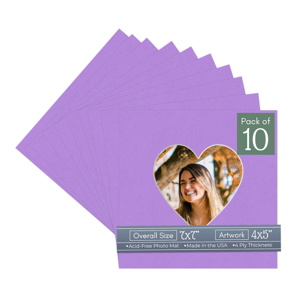 CountryArtHouse Light Purple Acid Free 7x7 Heart Picture Frame Mat with White Core Bevel Cut for 4x5 Pictures - Fits 7x7 Frame