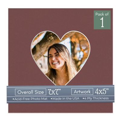 CountryArtHouse Maroon Acid Free 7x7 Heart Picture Frame Mat with White Core Bevel Cut for 4x5 Pictures - Fits 7x7 Frame