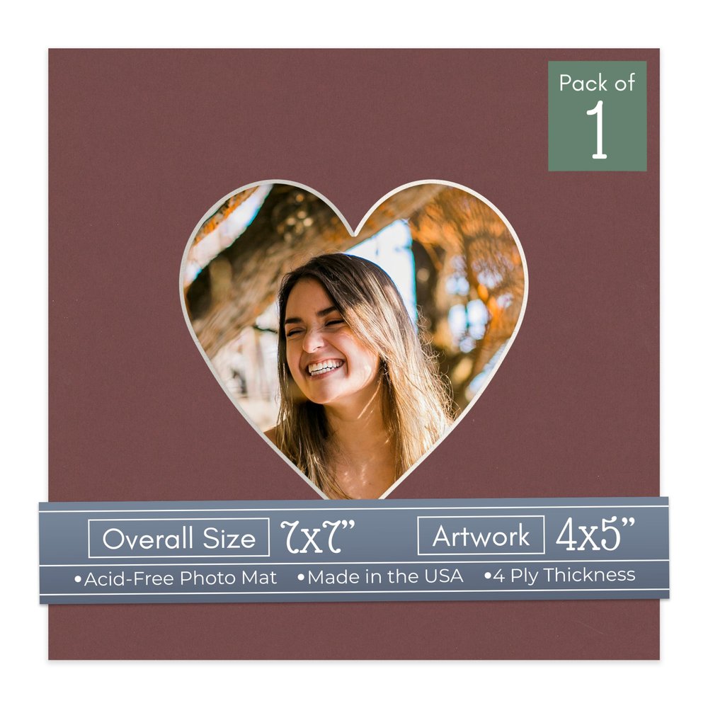 CountryArtHouse Maroon Acid Free 7x7 Heart Picture Frame Mat with White Core Bevel Cut for 4x5 Pictures - Fits 7x7 Frame