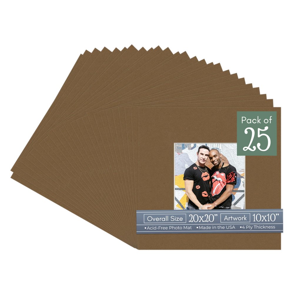 Aged Oak Acid Free 20x20 Picture Frame Mats with White Core Bevel Cut for 10x10 Pictures - Fits 20x20 Frame - Pack of 25 Mats