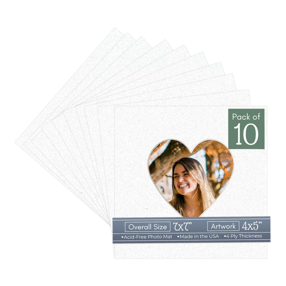 CountryArtHouse Oyster Shell Acid Free 7x7 Heart Picture Frame Mat with White Core Bevel Cut for 4x5 Pictures - Fits 7x7 Frame