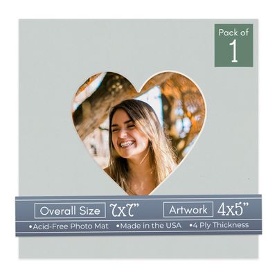 CountryArtHouse Grey Acid Free 7x7 Heart Picture Frame Mat with White Core Bevel Cut for 4x5 Pictures - Fits 7x7 Frame