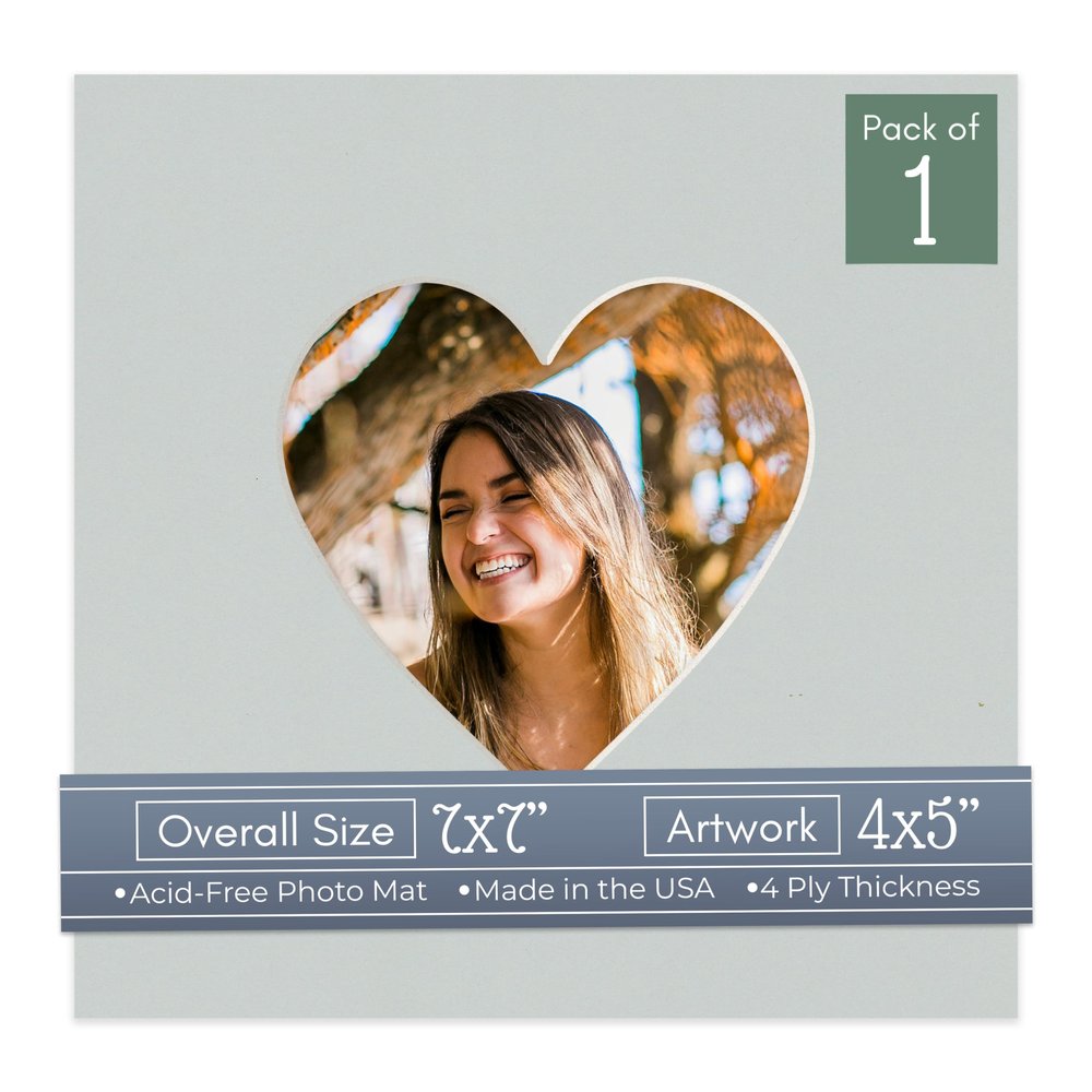 CountryArtHouse Grey Acid Free 7x7 Heart Picture Frame Mat with White Core Bevel Cut for 4x5 Pictures - Fits 7x7 Frame