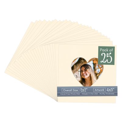 CountryArtHouse Cream Acid Free 7x7 Heart Picture Frame Mat with White Core Bevel Cut for 4x5 Pictures - Fits 7x7 Frame