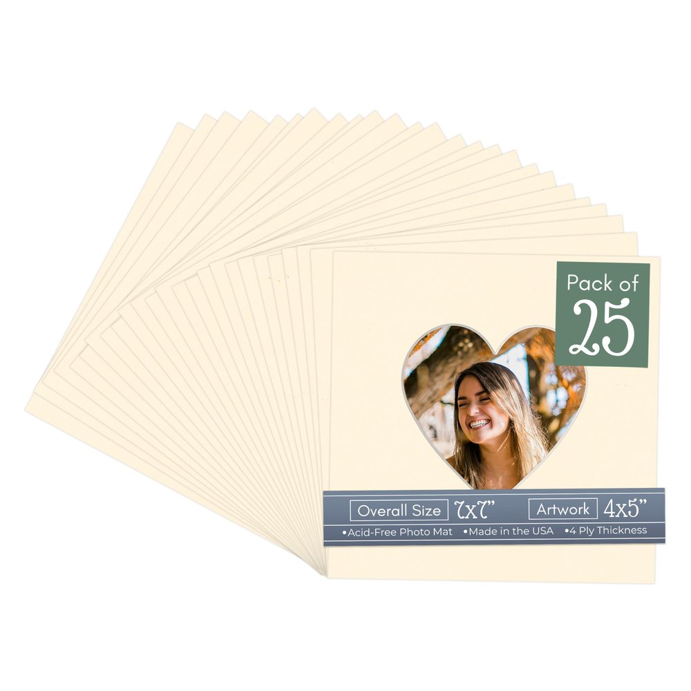 CountryArtHouse Cream Acid Free 7x7 Heart Picture Frame Mat with White Core Bevel Cut for 4x5 Pictures - Fits 7x7 Frame