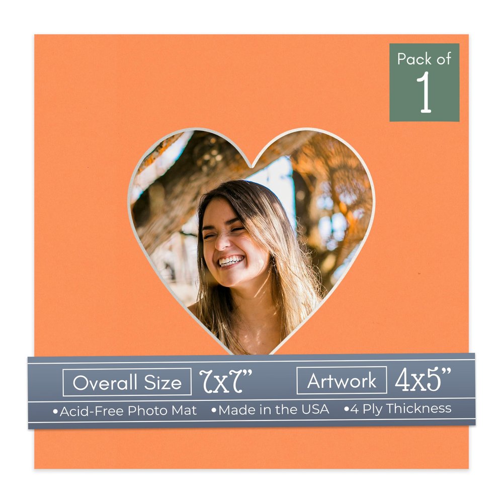 CountryArtHouse Orange Acid Free 7x7 Heart Picture Frame Mat with White Core Bevel Cut for 4x5 Pictures - Fits 7x7 Frame