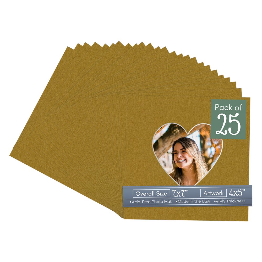 CountryArtHouse Metallic Gold Acid Free 7x7 Heart Picture Frame Mat with White Core Bevel Cut for 4x5 Pictures - Fits 7x7 Frame
