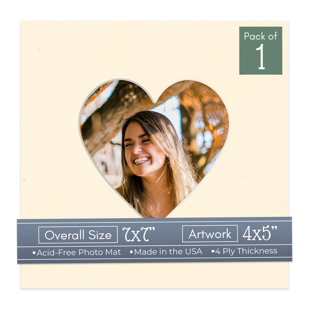 CountryArtHouse Cream Acid Free 7x7 Heart Picture Frame Mat with White Core Bevel Cut for 4x5 Pictures - Fits 7x7 Frame