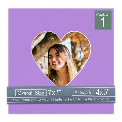 CountryArtHouse Light Purple Acid Free 7x7 Heart Picture Frame Mat with White Core Bevel Cut for 4x5 Pictures - Fits 7x7 Frame