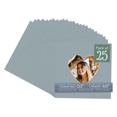 CountryArtHouse Metallic Silver Acid Free 7x7 Heart Picture Frame Mat with White Core Bevel Cut for 4x5 Pictures - Fits 7x7 Frame