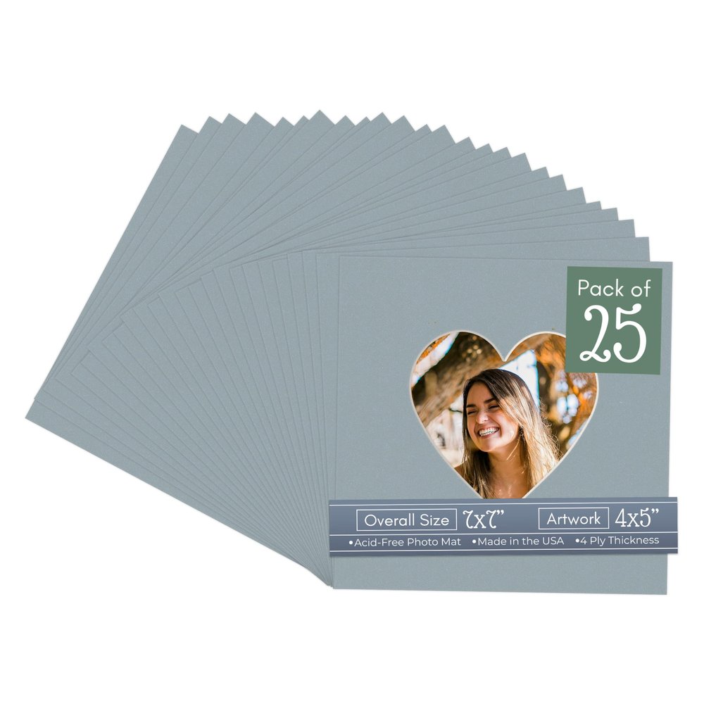 CountryArtHouse Metallic Silver Acid Free 7x7 Heart Picture Frame Mat with White Core Bevel Cut for 4x5 Pictures - Fits 7x7 Frame