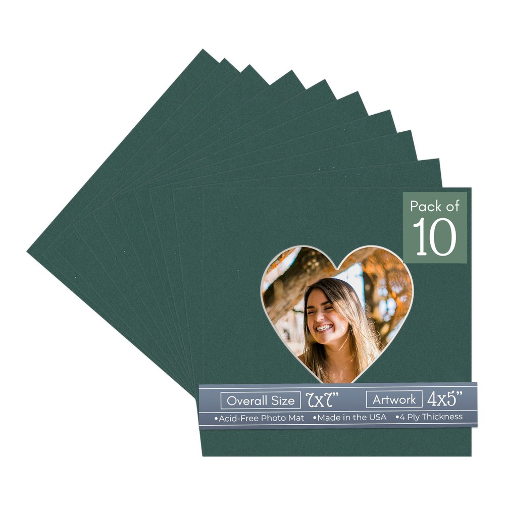 CountryArtHouse Forest Green Acid Free 7x7 Heart Picture Frame Mat with White Core Bevel Cut for 4x5 Pictures - Fits 7x7 Frame