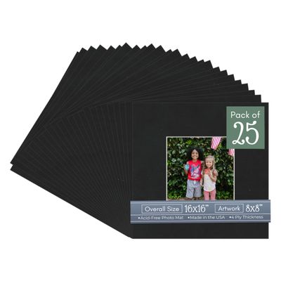 Black Suede Acid Free 16x16 Picture Frame Mats with White Core Bevel Cut for 8x8 Pictures - Fits 16x16 Frame - Pack of 25 Mats