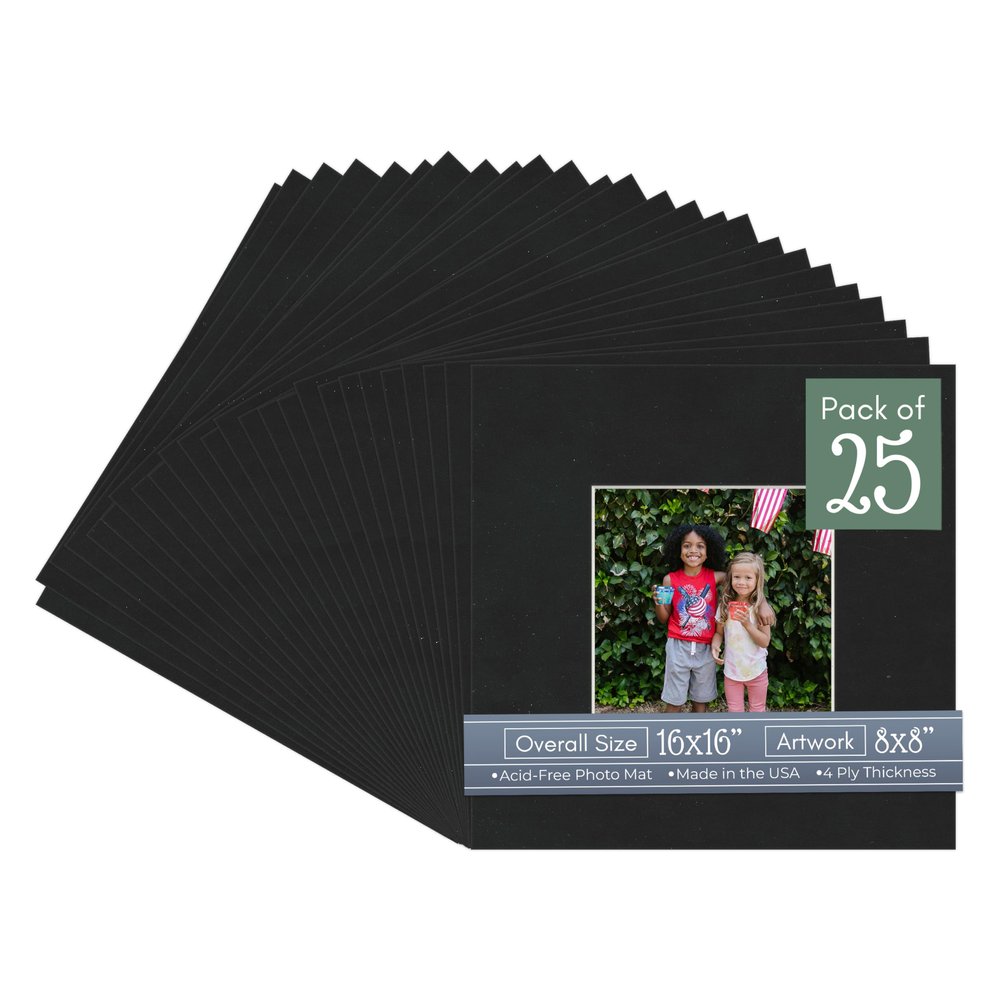 Black Suede Acid Free 16x16 Picture Frame Mats with White Core Bevel Cut for 8x8 Pictures - Fits 16x16 Frame - Pack of 25 Mats