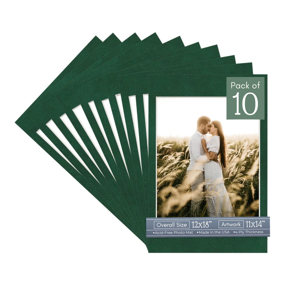 CountryArtHouse Treeline Green Suede Acid Free 12x18 Picture Frame Mats with White Core Bevel Cut for 11x14 Pictures - Fits 12x18 Frame - Pack of 10 Mats - with Bags & Backings