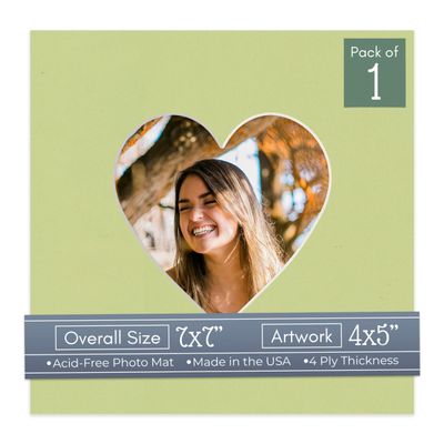 CountryArtHouse Pistachio Acid Free 7x7 Heart Picture Frame Mat with White Core Bevel Cut for 4x5 Pictures - Fits 7x7 Frame