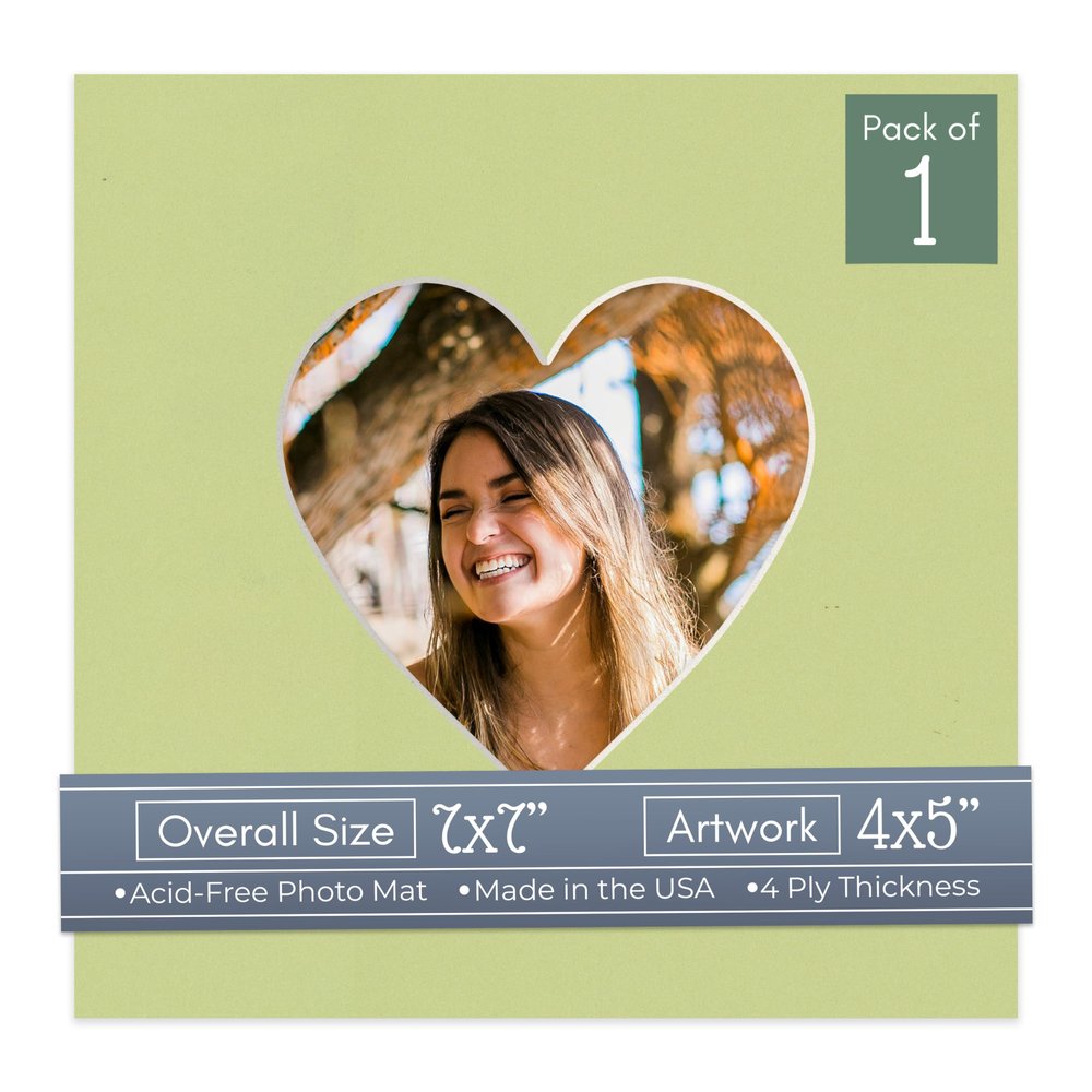 CountryArtHouse Pistachio Acid Free 7x7 Heart Picture Frame Mat with White Core Bevel Cut for 4x5 Pictures - Fits 7x7 Frame