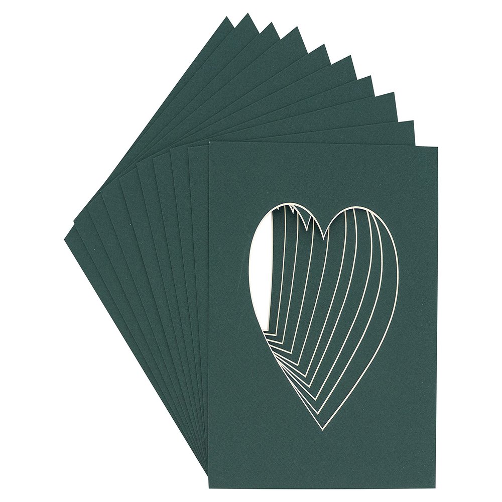 CountryArtHouse Forest Green Acid Free 7x7 Heart Picture Frame Mat with White Core Bevel Cut for 4x5 Pictures - Fits 7x7 Frame