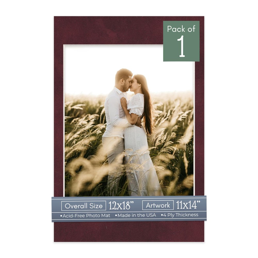 CountryArtHouse Berry Suede Acid Free 12x18 Picture Frame Mats with White Core Bevel Cut for 11x14 Pictures - Fits 12x18 Frame - One Mat