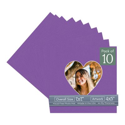 CountryArtHouse Purple Acid Free 7x7 Heart Picture Frame Mat with White Core Bevel Cut for 4x5 Pictures - Fits 7x7 Frame