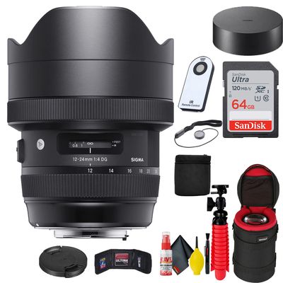 Sigma 12-24mm f/4 DH HSM Art Lens for Nikon F + 64GB SD Card + Lens Case + Memory Card Wallet + Wireless Remote Shutter + Tripod + Lens Cap + Cleaning Kit