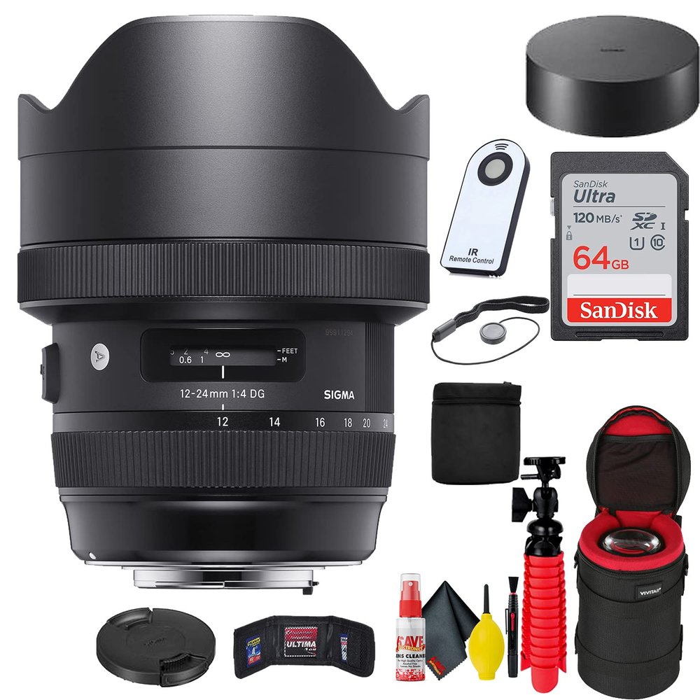 Sigma 12-24mm f/4 DH HSM Art Lens for Nikon F + 64GB SD Card + Lens Case + Memory Card Wallet + Wireless Remote Shutter + Tripod + Lens Cap + Cleaning Kit