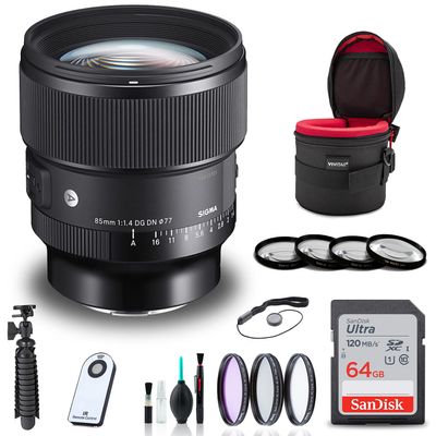 Sigma 85mm f/1.4 DG DN Art Lens for Sony E + 64GB SD Card + Filter Kit + Close Up Filter + Lens Case + Memory Card Wallet + Wireless Remote Shutter + Tripod + Cleaning Kit