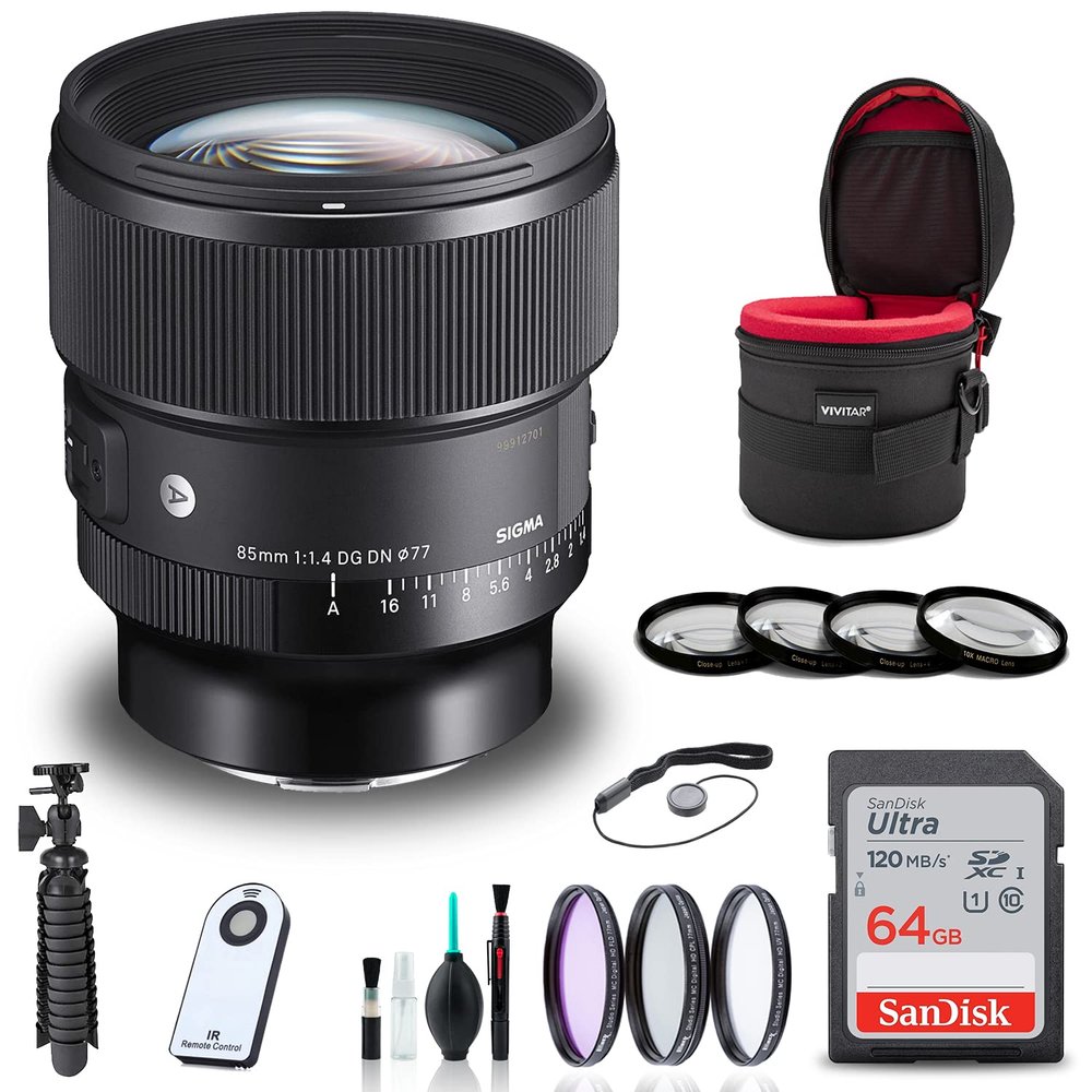 Sigma 85mm f/1.4 DG DN Art Lens for Sony E + 64GB SD Card + Filter Kit + Close Up Filter + Lens Case + Memory Card Wallet + Wireless Remote Shutter + Tripod + Cleaning Kit