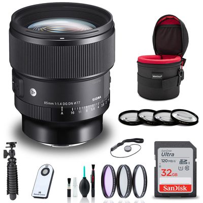 Sigma 85mm f/1.4 DG DN Art Lens for Sony E + 32GB SD Card + Filter Kit + Lens Case + Memory Card Wallet + Wireless Remote Shutter + Tripod + Cleaning Kit