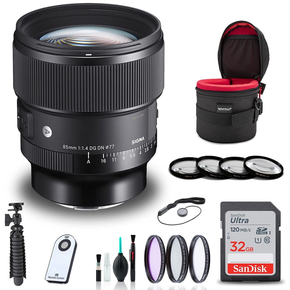 Sigma 85mm f/1.4 DG DN Art Lens for Sony E + 32GB SD Card + Filter Kit + Lens Case + Memory Card Wallet + Wireless Remote Shutter + Tripod + Cleaning Kit