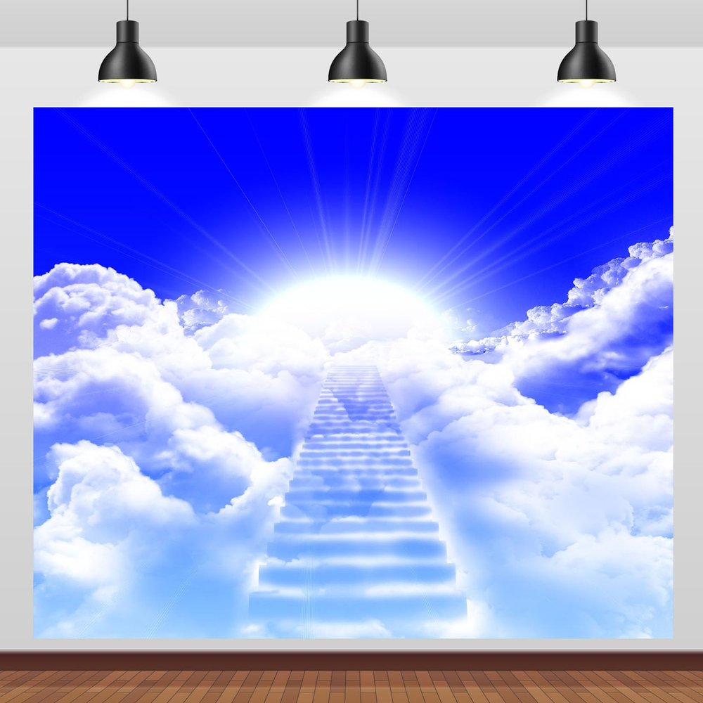 CORFOTO Fabric 10x6.5ft Heaven Backdrop Photography Holy Jesus Gospel Clouds Stairs Celestial Heaven Sent Baby Shower Birthday Party Banner Church Prayer Easter Religion Funeral Photo Background