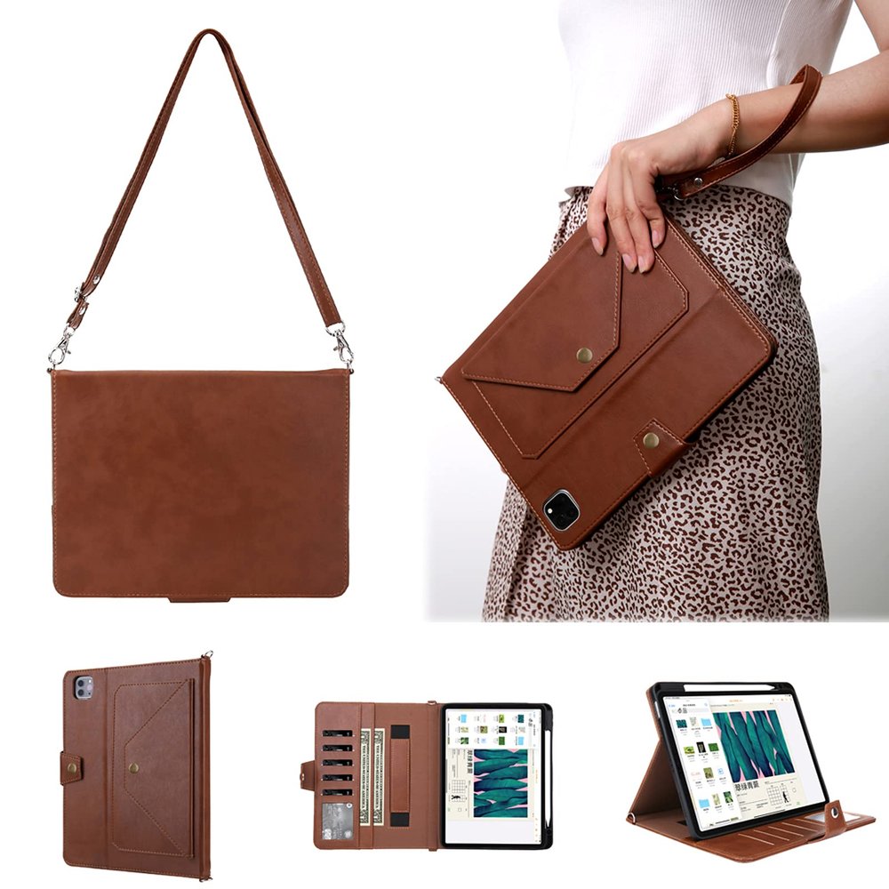2021 iPad Pro 12.9" Handbag Case, MVRYCE PU Leather Protective Cover Multi-Function Folio Stand Cover with Card Slots/Pen Holder Compatible with 2018/2020/2021 iPad Pro 12.9 inch, Brown