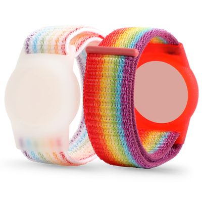 Airtag Wristband Kids(2 Pack), Nylon Air tag Bracelet for Kids Compatible with Apple Air tag, Air tags Protective Cover with Strap Holder Lightweight Elastic Watch Band for Elders (Rainbow)