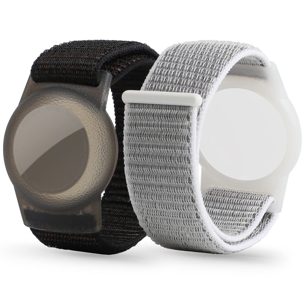 Air tag Wristband (2 Pack), Nylon Air tag Bracelet Compatible with Apple Airtag, AirTags Holder with Lightweight Elastic Strap Watch Band, Item Finder Holder (Black & Seashell)
