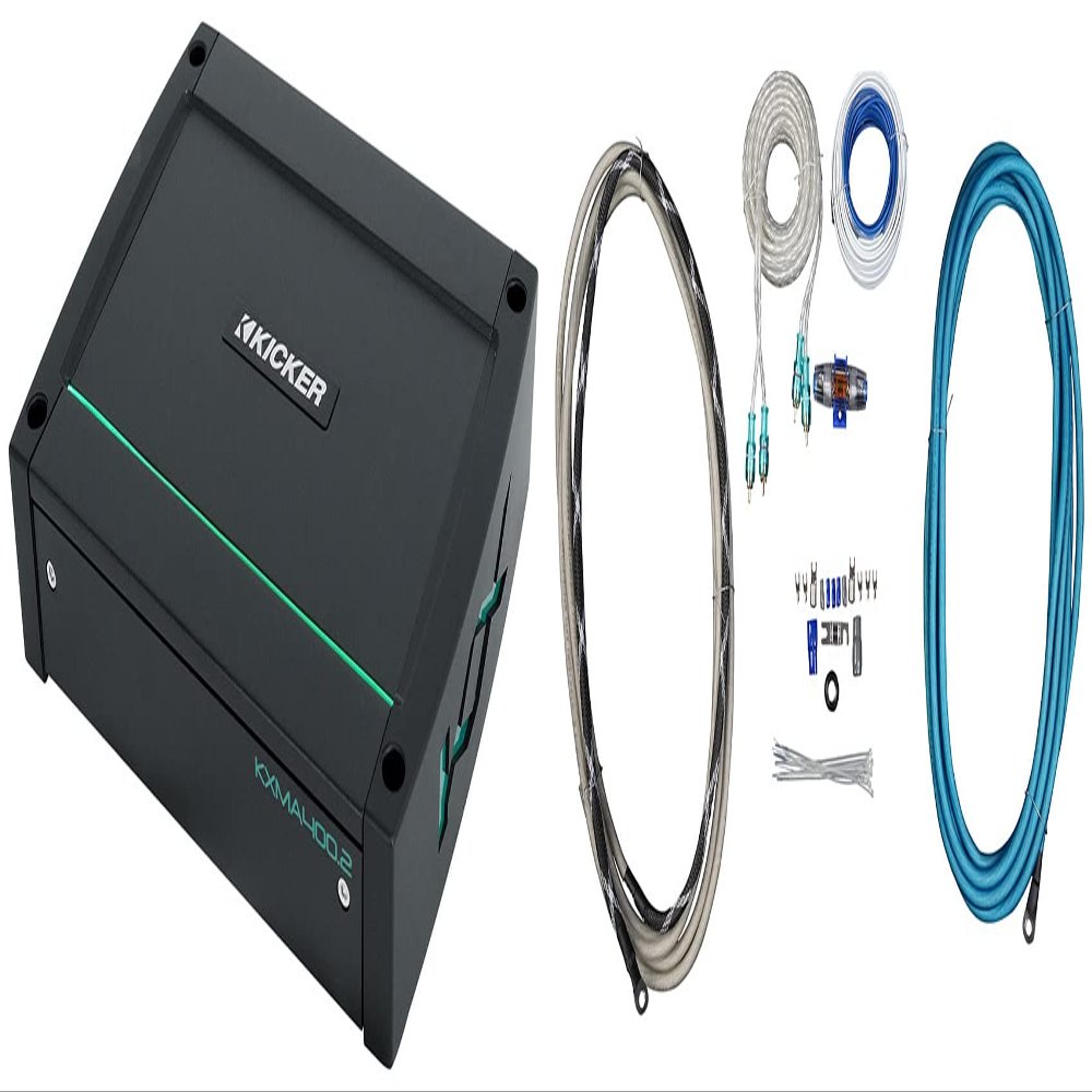 KICKER 48KXMA4002 400 Watt 2-Channel Marine Boat Amplifier Bundle with Rockville RMWK4 4 AWG Gauge Waterproof Marine Amplifier Install Wire Kit