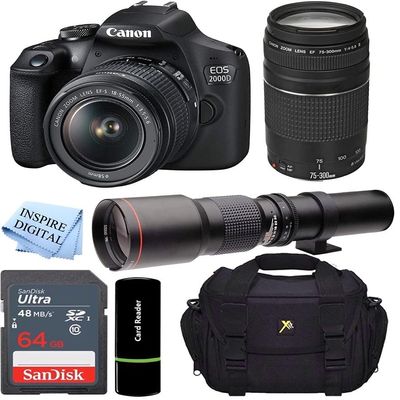 Canon EOS Rebel 2000D DSLR Camera with 18-55mm and 75-300mm Lenses, 500mm Preset Lens, 64GB Memory, Black (Renewed)