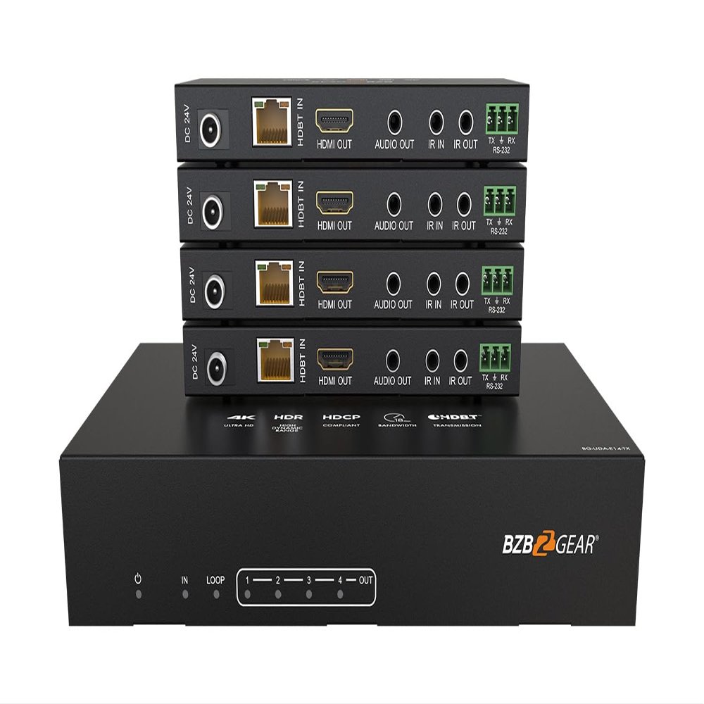 BZBGEAR 1x4 4K UHD HDMI HDBaset Splitter/Distribution Amplifier Over Category Cable (Kit, Includes 4X RX) - BG-UDA-E14