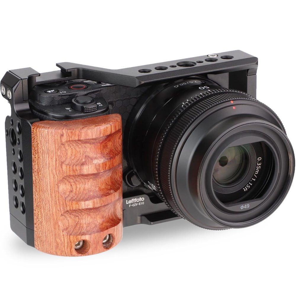 Leftfoto Upgrade Metal Cage with Wood Handle for Sony Alpha ZV-E10 Video Shooting Accessories, Cold Shoe Mic/Light Extension Video Cage Filming Vlog Camera Kit