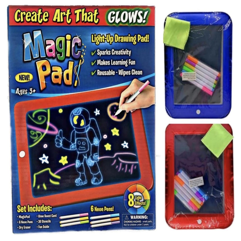 waheed LED Drawing Tablet, Magic Pad, Includes Smooth Fun Guide. Glow Boost, 6Double Sided Markets, 42 Stencils, Dry Erasers, Red, 10.3x7.8x0.8