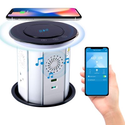 German Technology Motorized Pop Up Outlet for Countertop 15W Wireless Charger, Countertop Electrical Outlet with 3AC Outlets & 2USB Ports(20W PD),APP Remote Control and Speaker,Free 4.92 inch Hole Saw