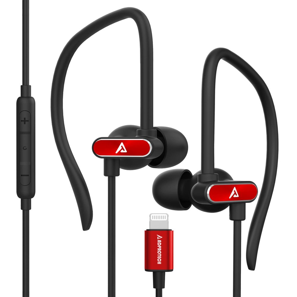 ADPROTECH Lightning Earbuds with Ear-Hook Sports Earphones for iPhone 14/13/12/11 Pro Max/X/XS Max/XR - MFi Certified with Mic Red