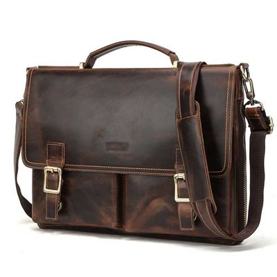 14 Inch Laptop Briefcase Men Cowhide Messenger Bags Handbag Multifunction Large Capacity Business Work Youth Shoulder Bag (Color : Coffee Color, Size : 15x5x11 inch)