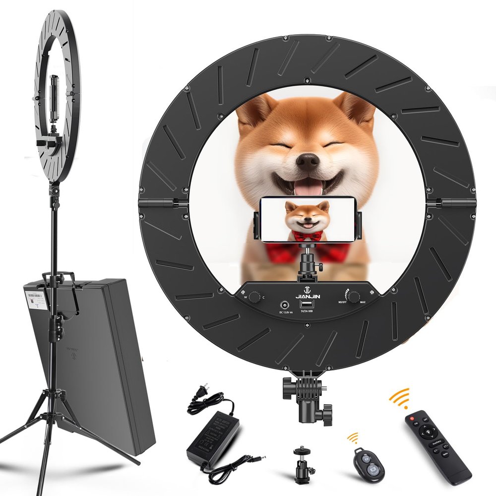 JJ JIANJIN Ring Light 18 INCH Kit,55W6700k Dimmable LED Light, Tripod Stand, Remote Controller,Box for Camera,Smartphone,YouTube,TikTok,Self-Portrait Shooting,CRI95 (Black)