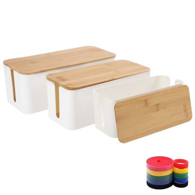 Cable Management Box Organizer, Set of 3 Bamboo Lid Storage Wires Holder to Cover Hide Surge Protector, Power Strips & Cords- with 5 Cables Fastening Tapes for Home, Office, Desk, PC, TV, USB Hub