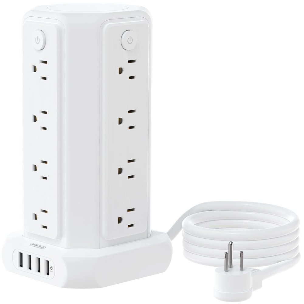 10 FT Extension Cord Power Strip Tower, 16 Widely Outlets 1875W 15A, Flat Plug Surge Protector with 4 USB Ports, Individual Switches, 1080 Joules, Overload Protection for Home Office Desktop, White