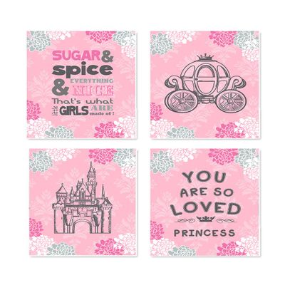 Girls UNFRAMED Nursery Rhymes Wall Decor Prints - Unique Princess Castle & Carriage Floral Baby Shower Art Gift - for Bedrooms & Playrooms - Choose from Designer Colors & Sizes